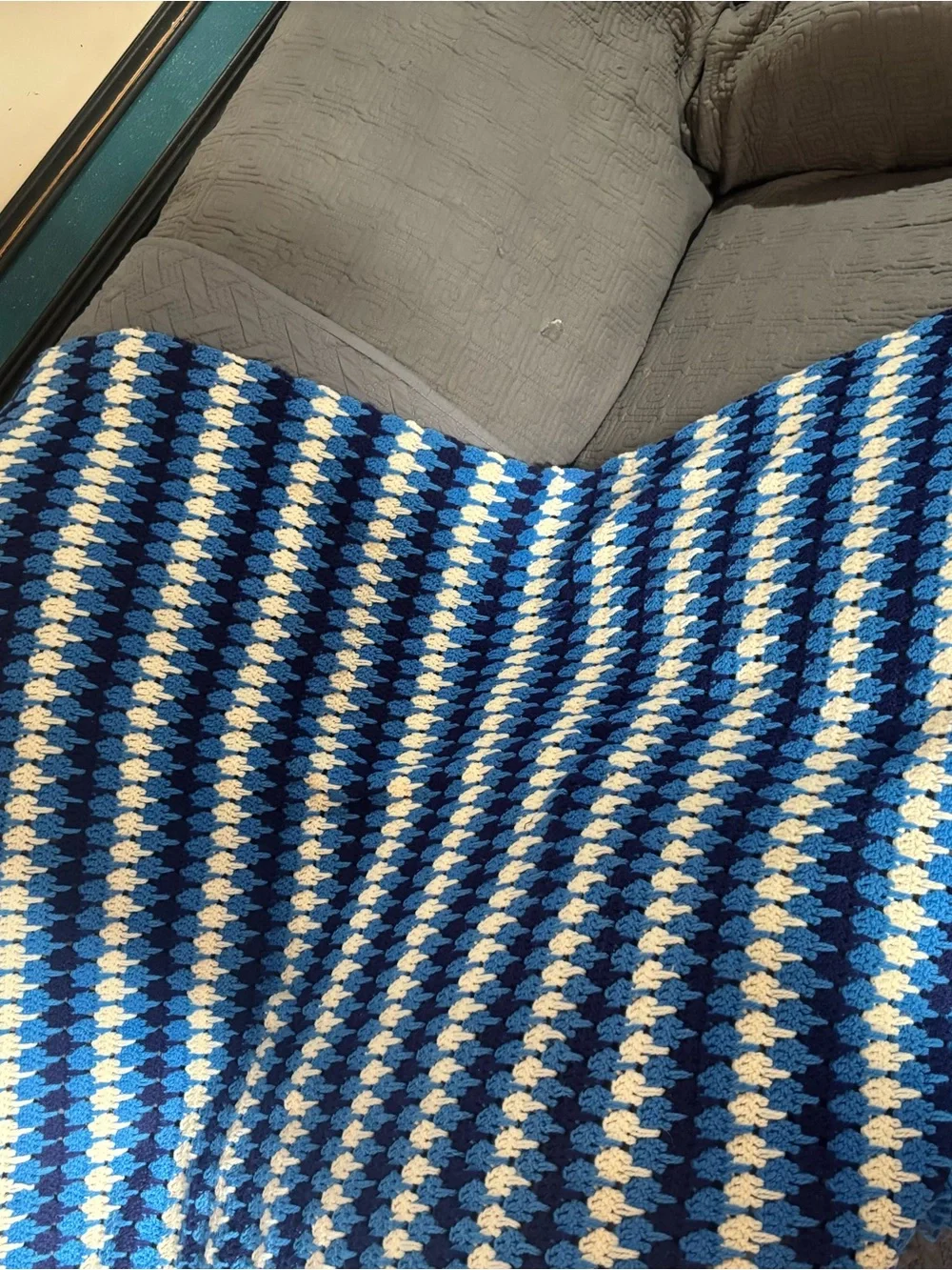 Handmade Blue and Cream Striped Crochet Throw Blanket - Home Accents